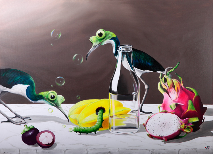 les oisouilles, la chenille qui fait des bulles,  huile sur toile, artiste peintre toulouse width=